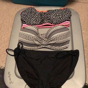 2 VS bandeau swim tops and bikini bottoms.